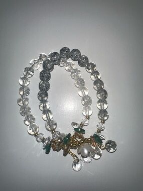 Clear Crystal Green Flower Accent Stretch Bracelet Charm Wristband Set of 2